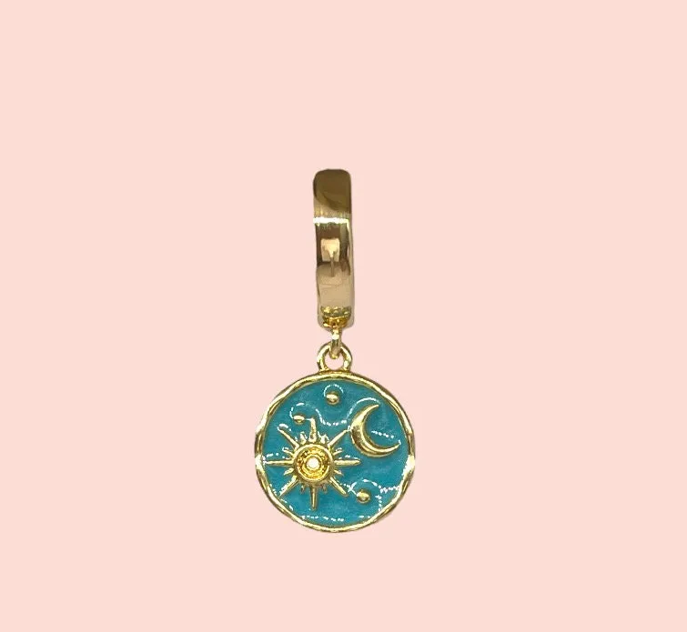 18K Gold Plated Huggies hoop Sun & Moon charm turquoise blue green disc Earrings dangly