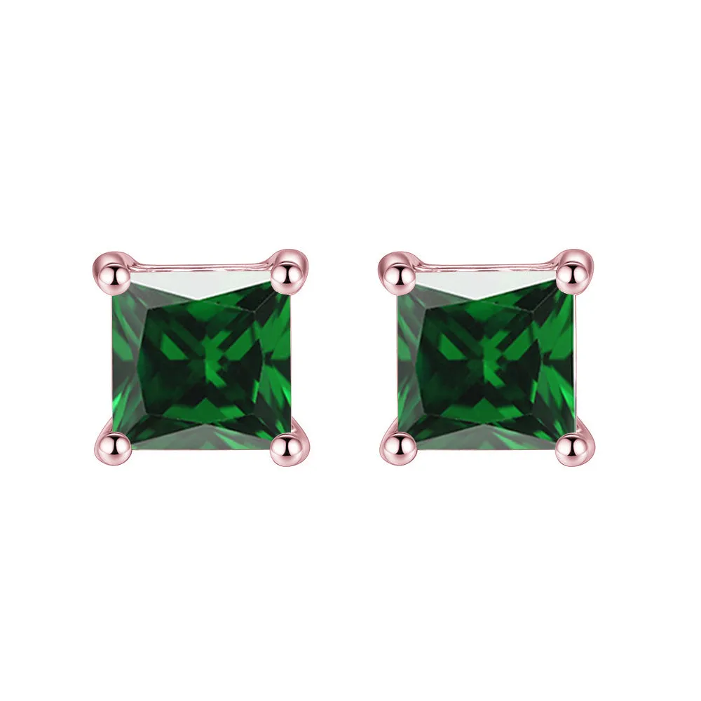 18k Rose Gold 1/2 Ct Emerald Princess Cut Stud Earrings 6mm Plated