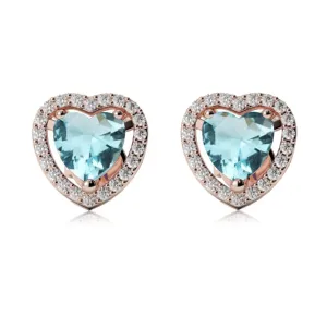 18k Rose Gold Plated 4 Ct Created Halo Heart Aquamarine Stud Earrings