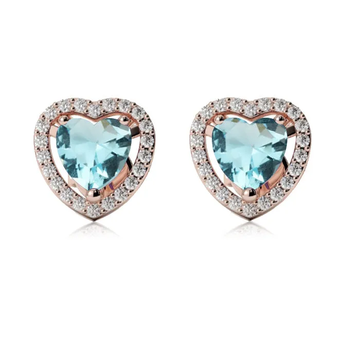 18k Rose Gold Plated 4 Ct Created Halo Heart Aquamarine Stud Earrings