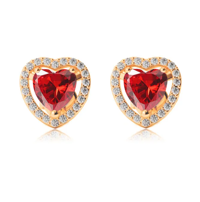 18k Yellow Gold Plated 1 Ct Created Halo Heart Ruby Stud Earrings