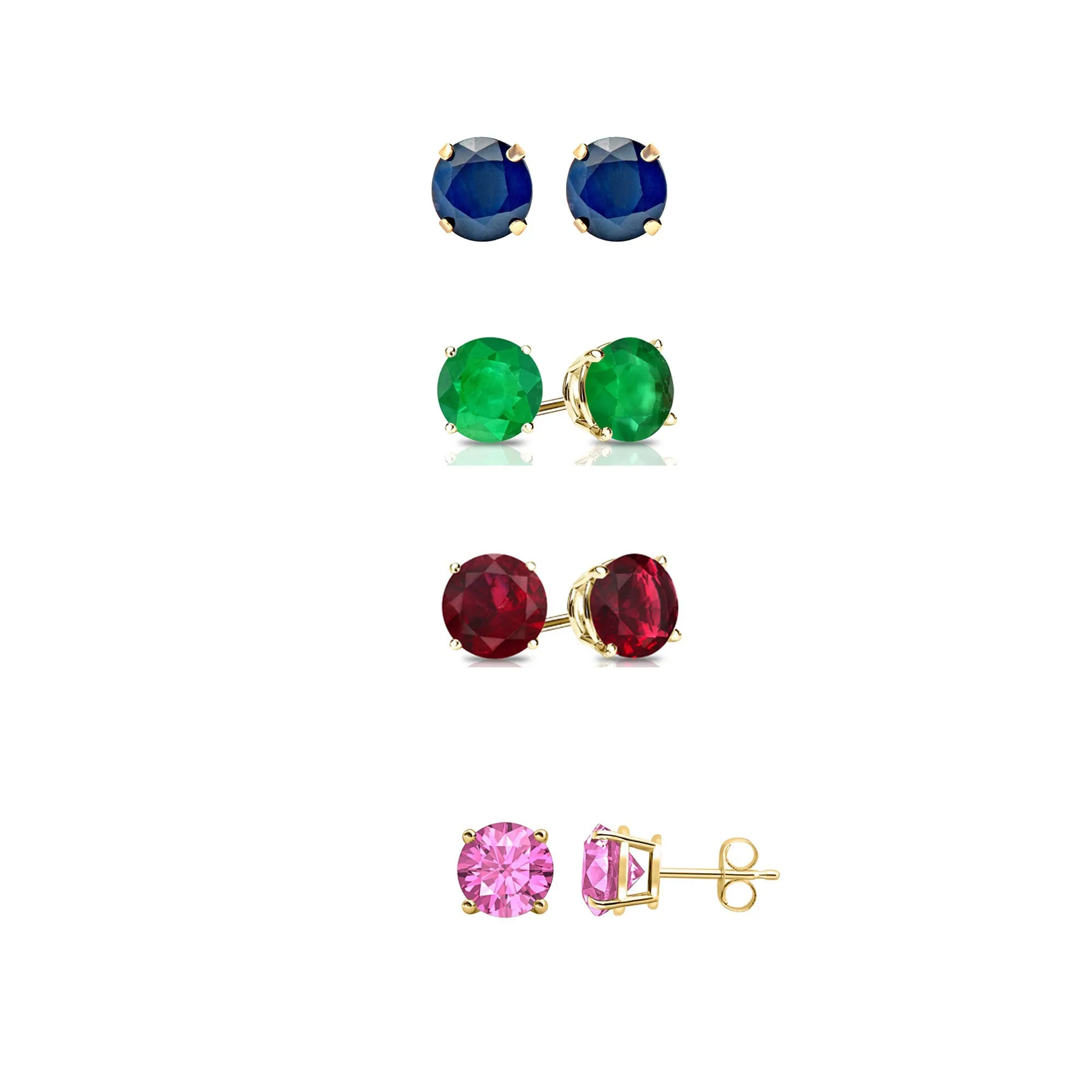 18k Yellow Gold Plated 1Ct Created Blue Sapphire, Emerald, Ruby and Pink Sapphire 4 Pair Round Stud Earrings