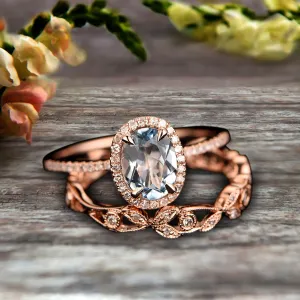 2 Carat Oval Cut Blue Aquamarine Engagement Ring Set Floral Leaf Moissanite Diamond Wedding Band Bridal Ring Set 10k Rose Gold Halo Design