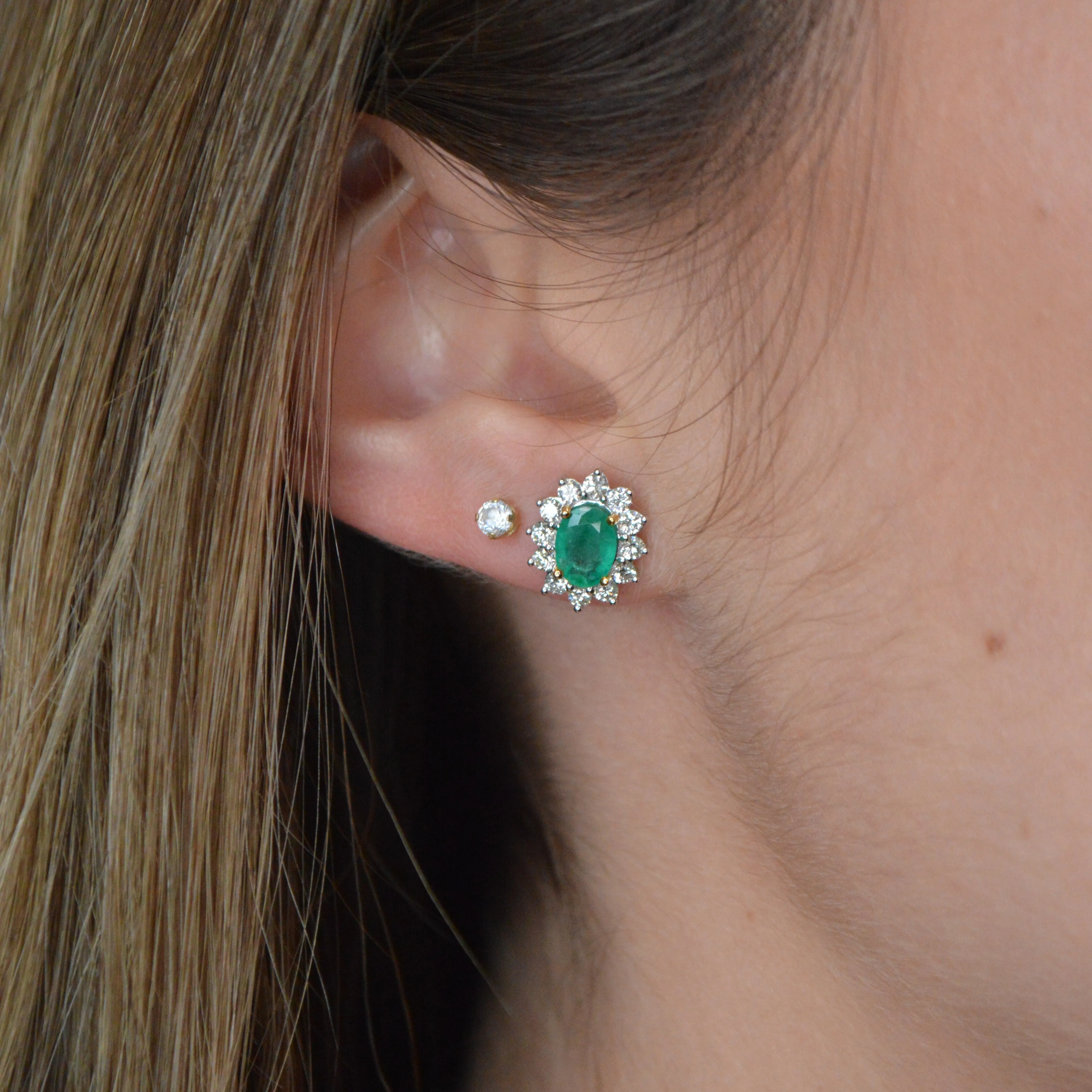 2.18ct Diamond Emerald 18K Gold Sunburst Earrings