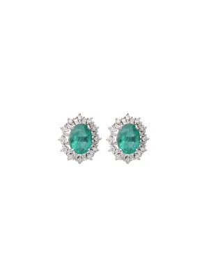 2.30ct Diamond Emerald 18K Gold Sunburst Halo Stud Earrings