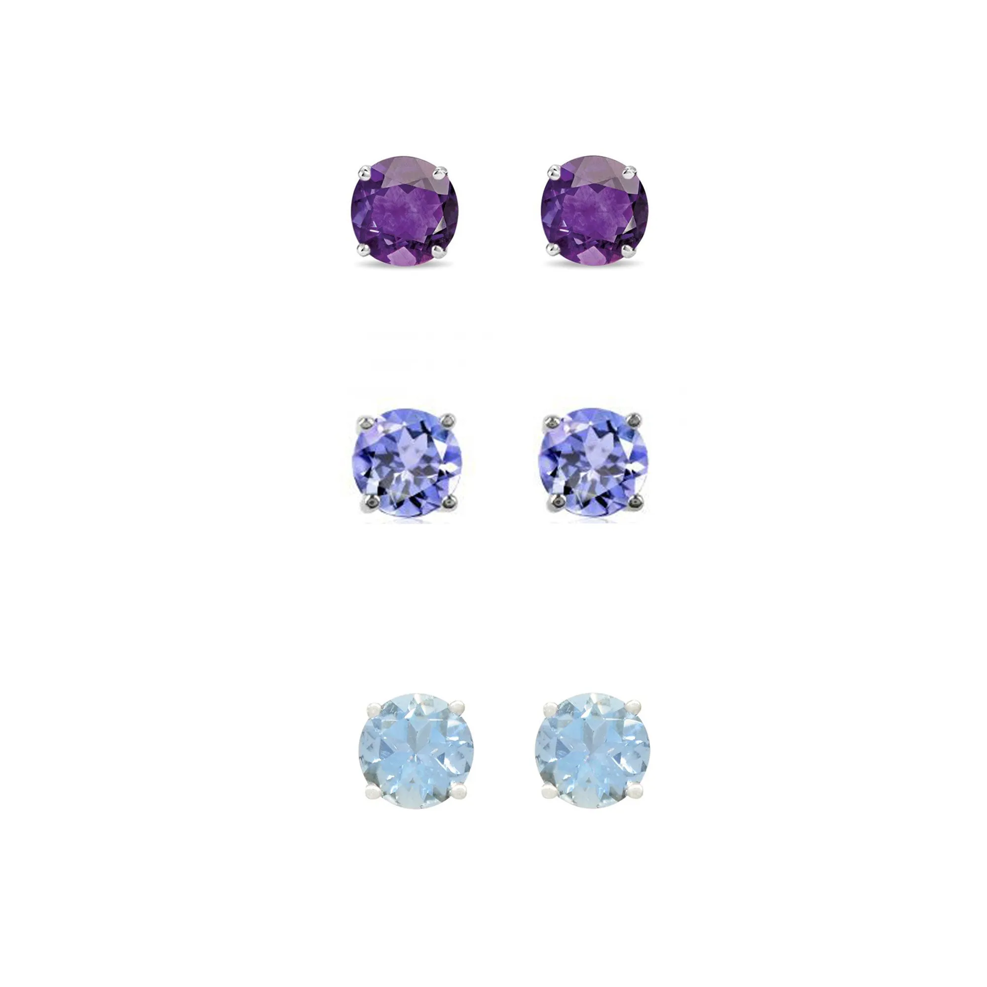 24k White Gold Plated 1/2Ct Created Amethyst, Tanzanite and Aquamarine 3 Pair Round Stud Earrings