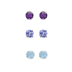 24k White Gold Plated 1/2Ct Created Amethyst, Tanzanite and Aquamarine 3 Pair Round Stud Earrings