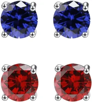 24k White Gold Plated 4Ct Created Blue sapphire and  Ruby 2 Pair Round Stud Earrings