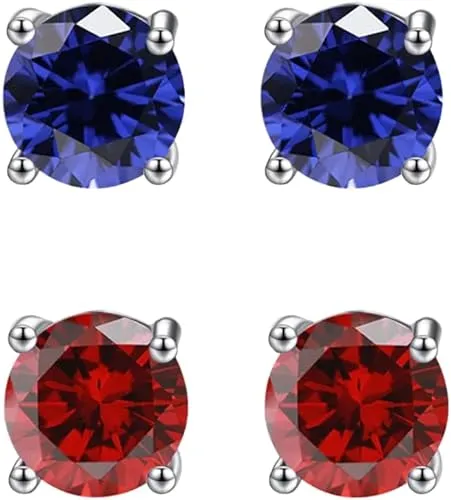 24k White Gold Plated 4Ct Created Blue sapphire and  Ruby 2 Pair Round Stud Earrings