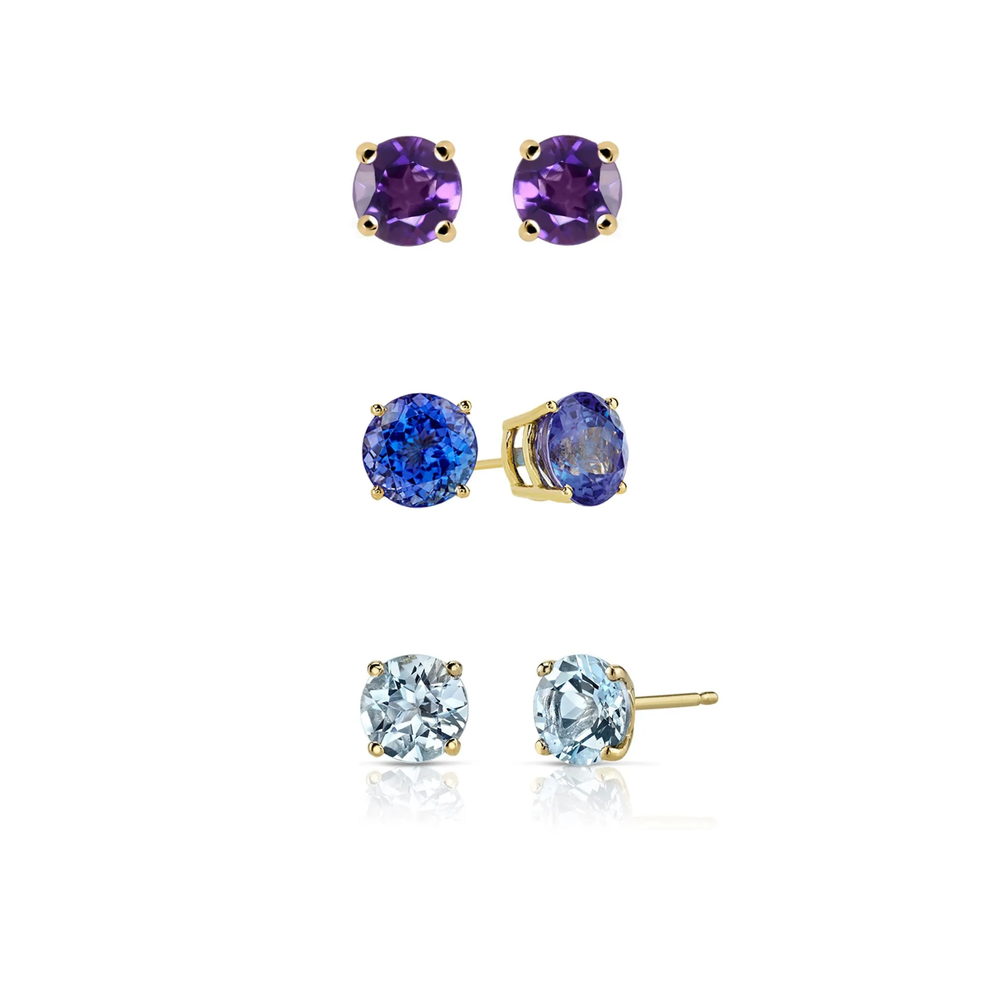 24k Yellow Gold Plated 3Ct Created Amethyst, Tanzanite and Aquamarine 3 Pair Round Stud Earrings