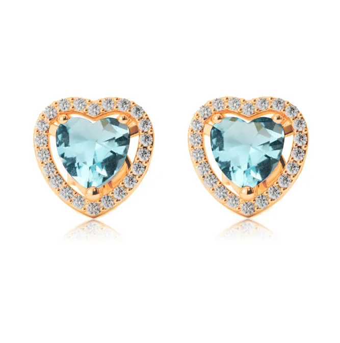 24k Yellow Gold Plated 4 Ct Created Halo Heart Aquamarine Stud Earrings