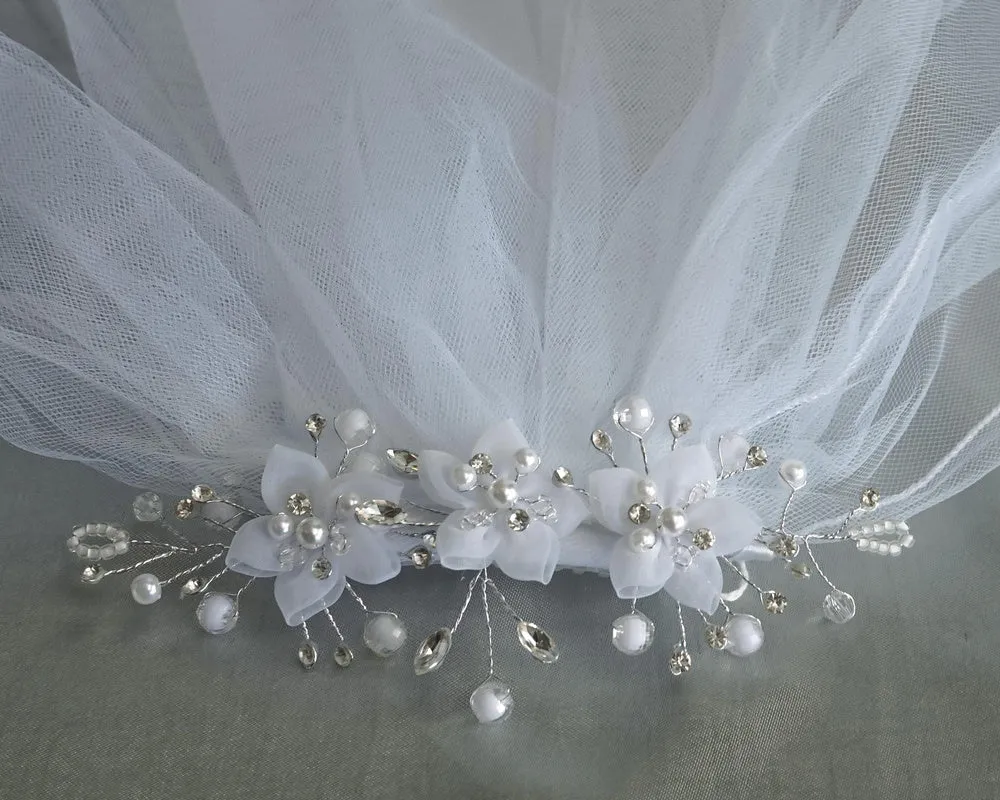 24" Veil - Organza flowers with pearls and rhinestones