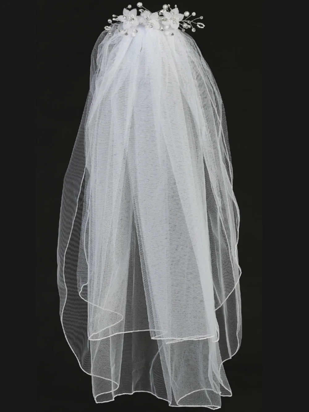 24" Veil - Organza flowers with pearls and rhinestones