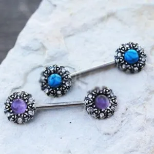 316L Stainless Steel Medieval Rose Nipple Bar Set with Stone Inlay