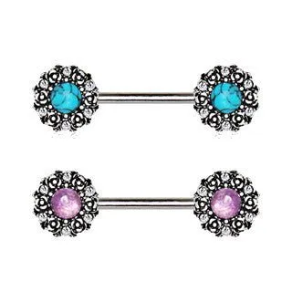 316L Stainless Steel Medieval Rose Nipple Bar Set with Stone Inlay