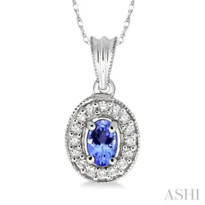 6x4mm Oval Cut Tanzanite and 1/5 Ctw Round Cut Diamond Pendant in 14K White Gold with Chain