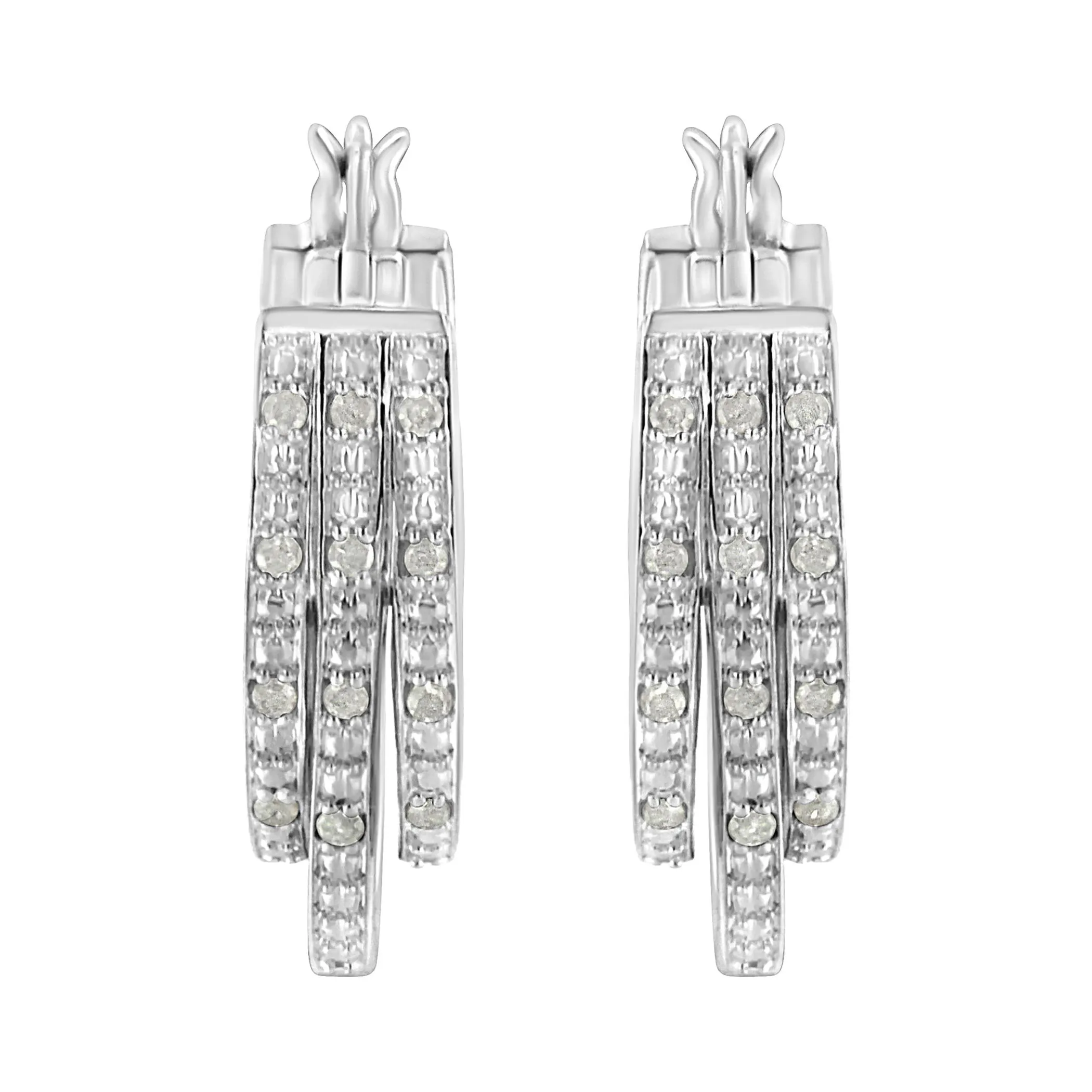 .925 Sterling Silver 1/4 Cttw Diamond and Alternating Beaded Triple Hoop Earring (I-J Color, I3 Clarity)