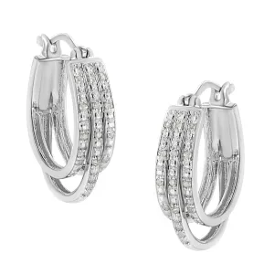 .925 Sterling Silver 1/4 Cttw Diamond and Alternating Beaded Triple Hoop Earring (I-J Color, I3 Clarity)