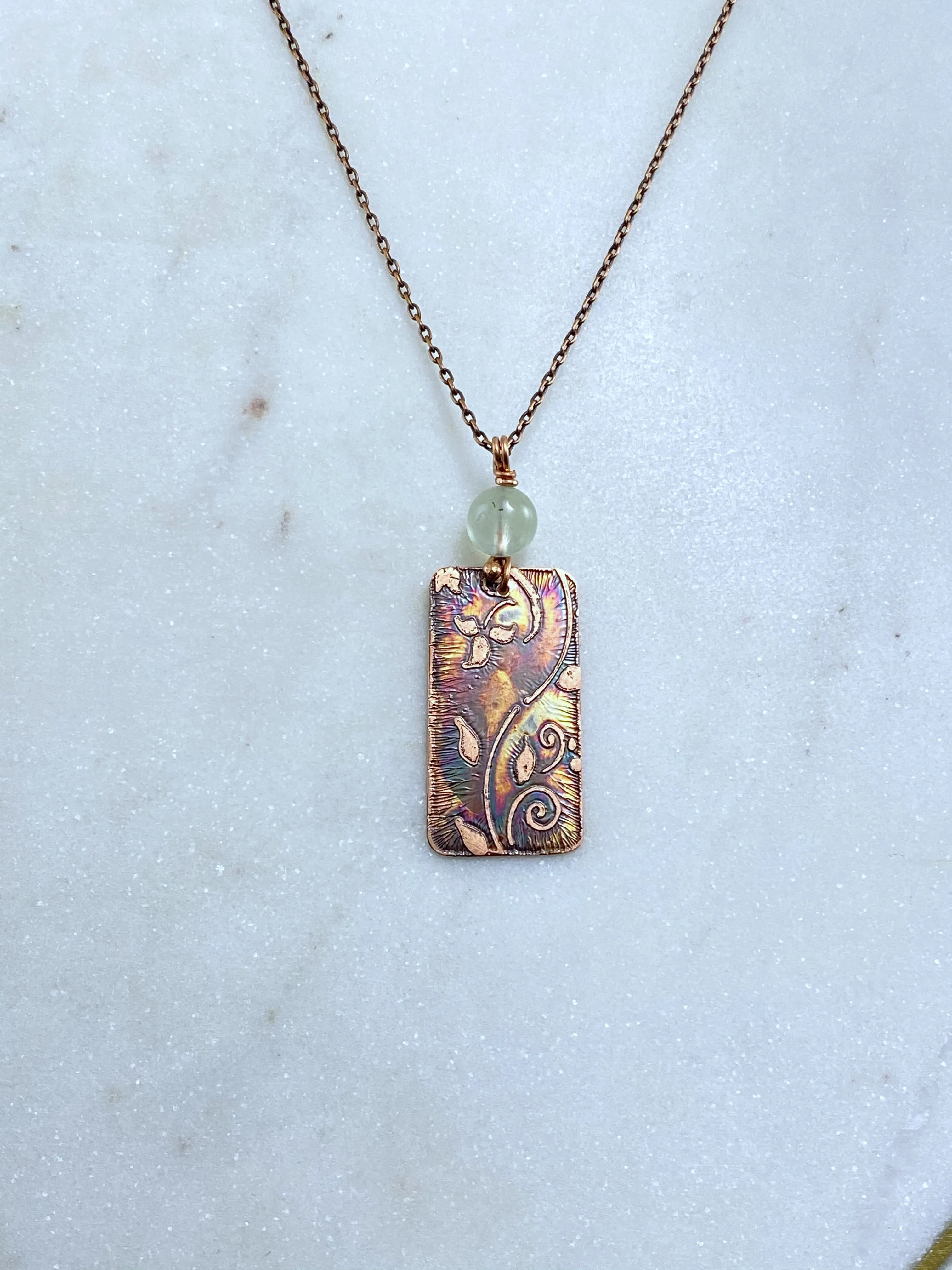 Acid etched copper swirl necklace with prehnite