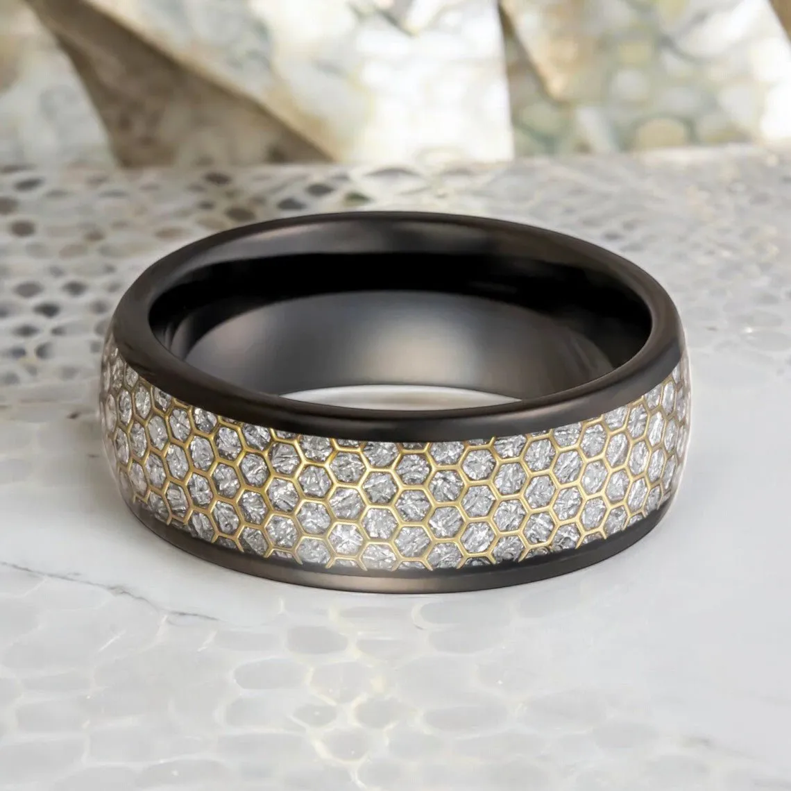 AMANA | Black Tungsten Ring, Meteorite Inlay, Gold Honeycomb Design, Domed