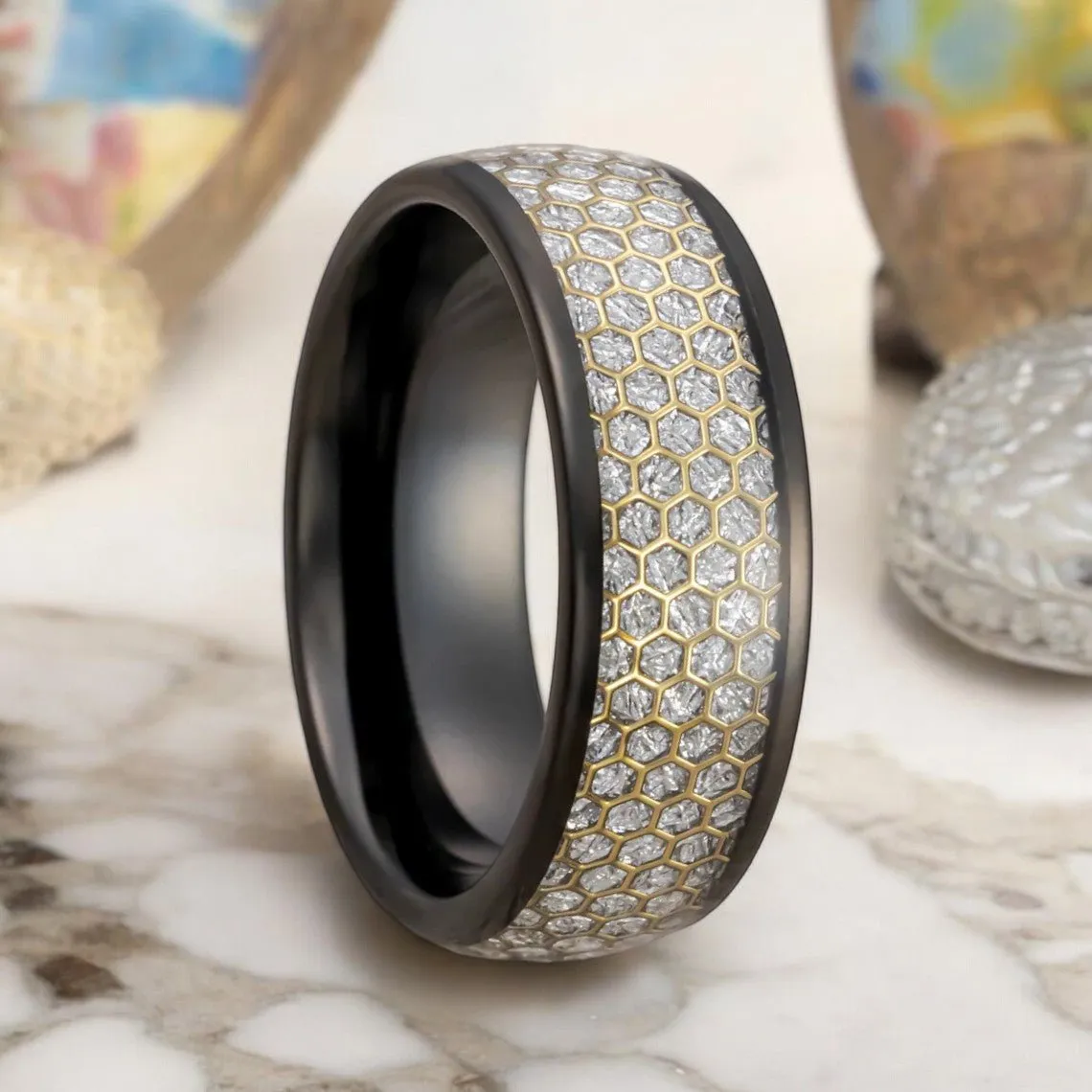 AMANA | Black Tungsten Ring, Meteorite Inlay, Gold Honeycomb Design, Domed