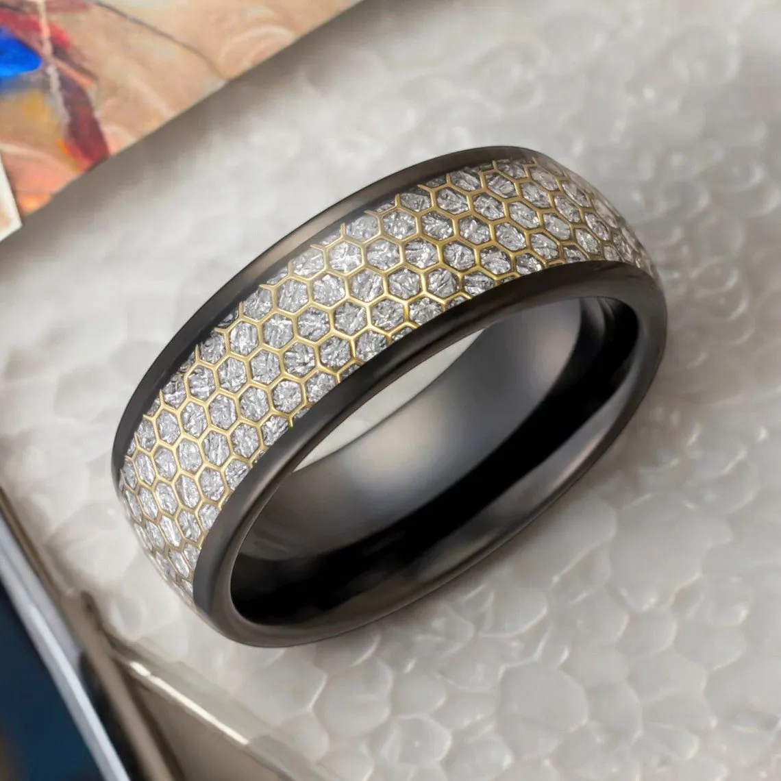 AMANA | Black Tungsten Ring, Meteorite Inlay, Gold Honeycomb Design, Domed