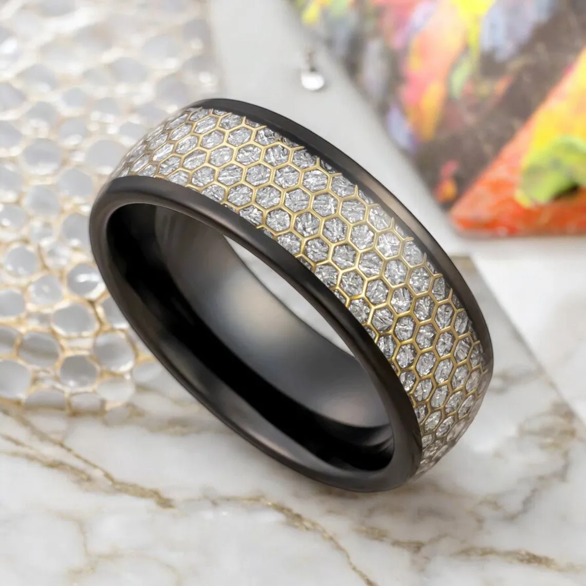 AMANA | Black Tungsten Ring, Meteorite Inlay, Gold Honeycomb Design, Domed