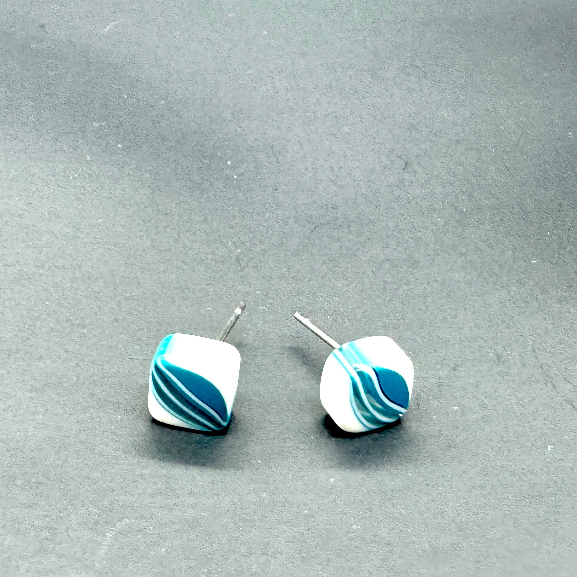 Aqua Blue & White Striped Square Cane Slice Stud Earrings