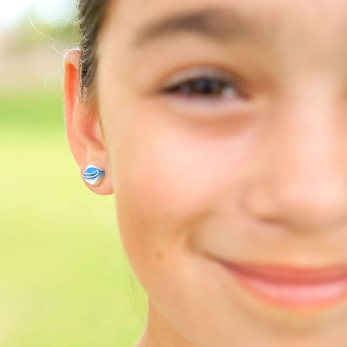 Aqua Blue & White Striped Square Cane Slice Stud Earrings