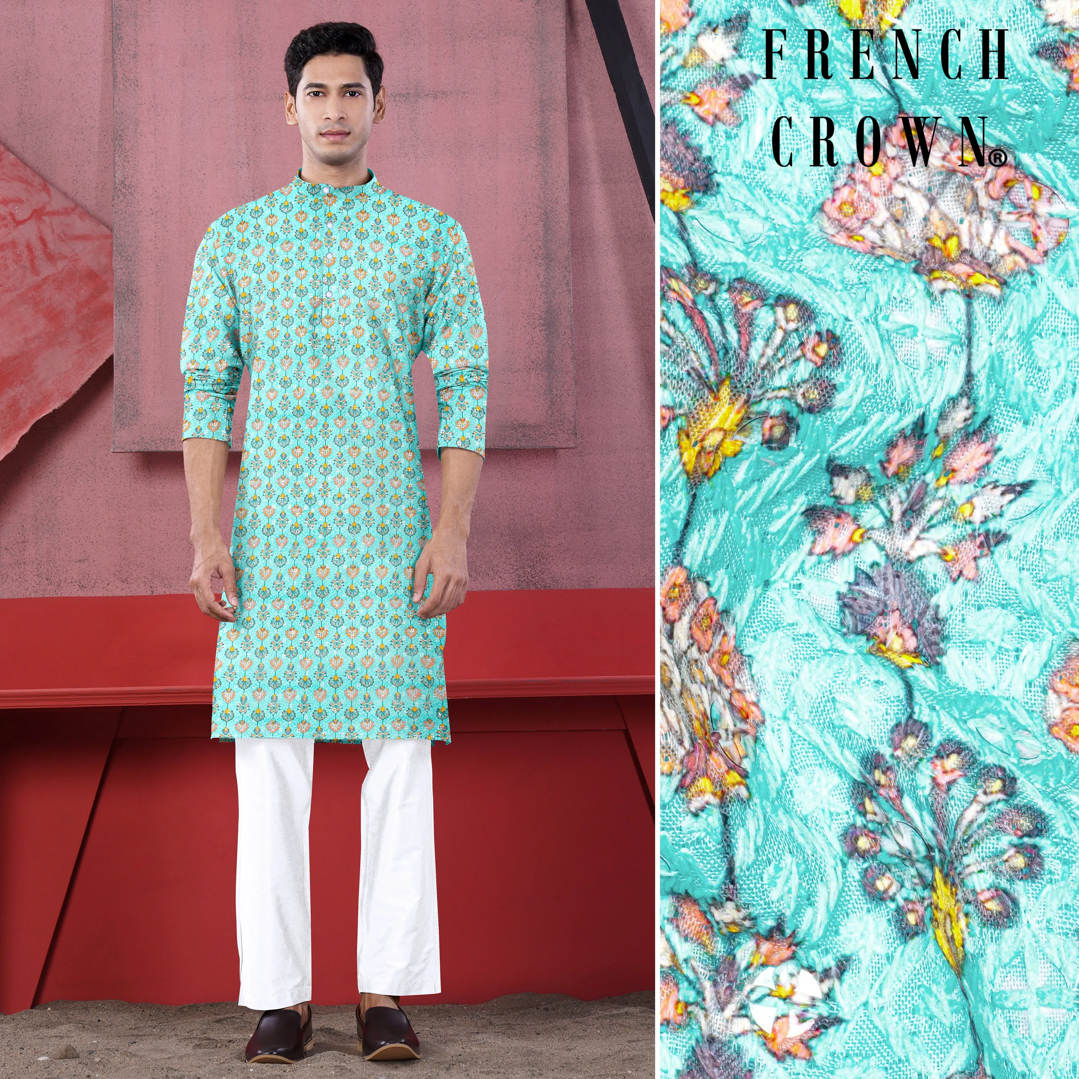 Aquamarine Blue And Tangerine Peach Designer Thread Embroidered Kurta Set