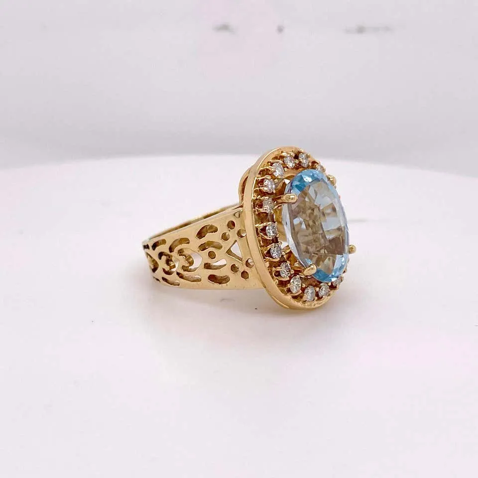 Aquamarine Diamond Halo Ring with Filigree Design