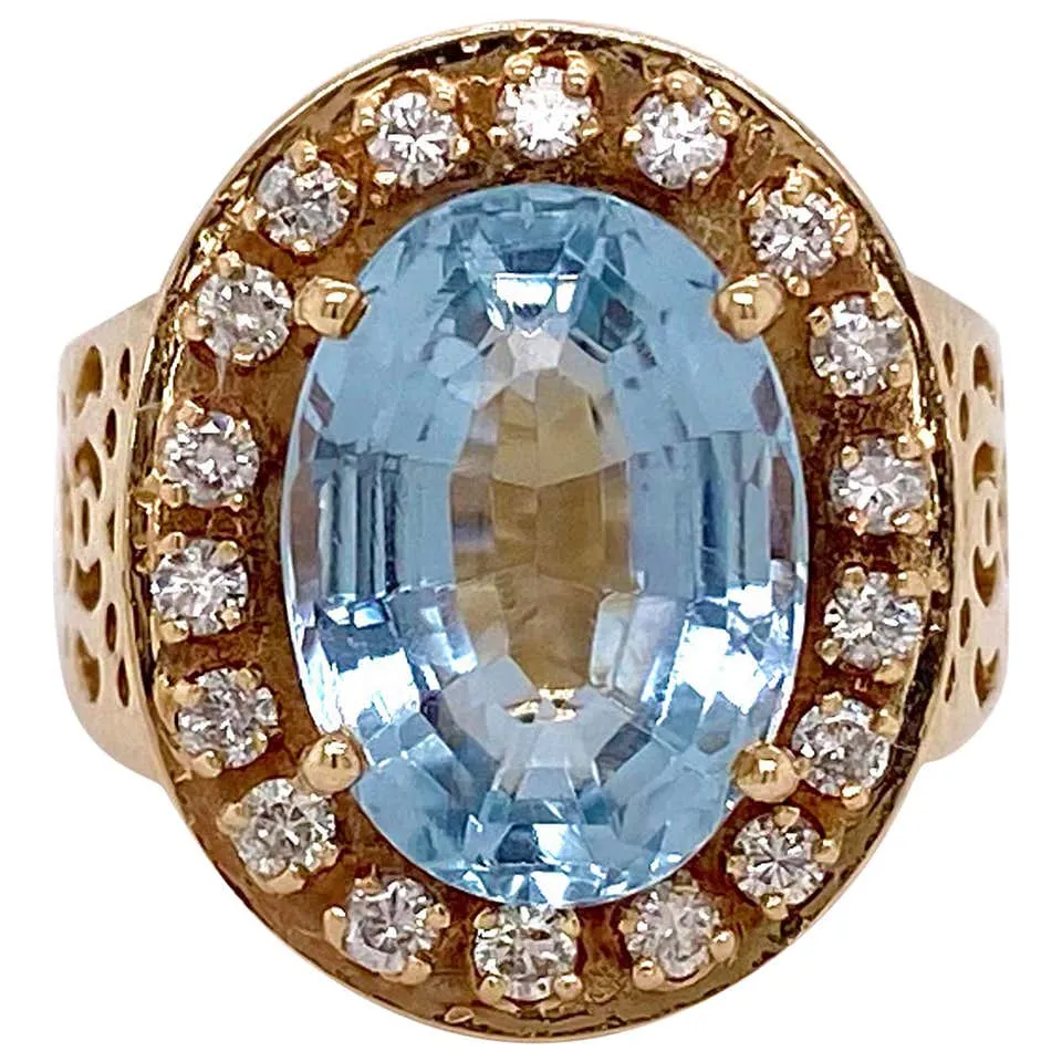 Aquamarine Diamond Halo Ring with Filigree Design