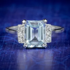 Aquamarine Diamond Ring Platinum 2.85ct Emerald Cut Aqua