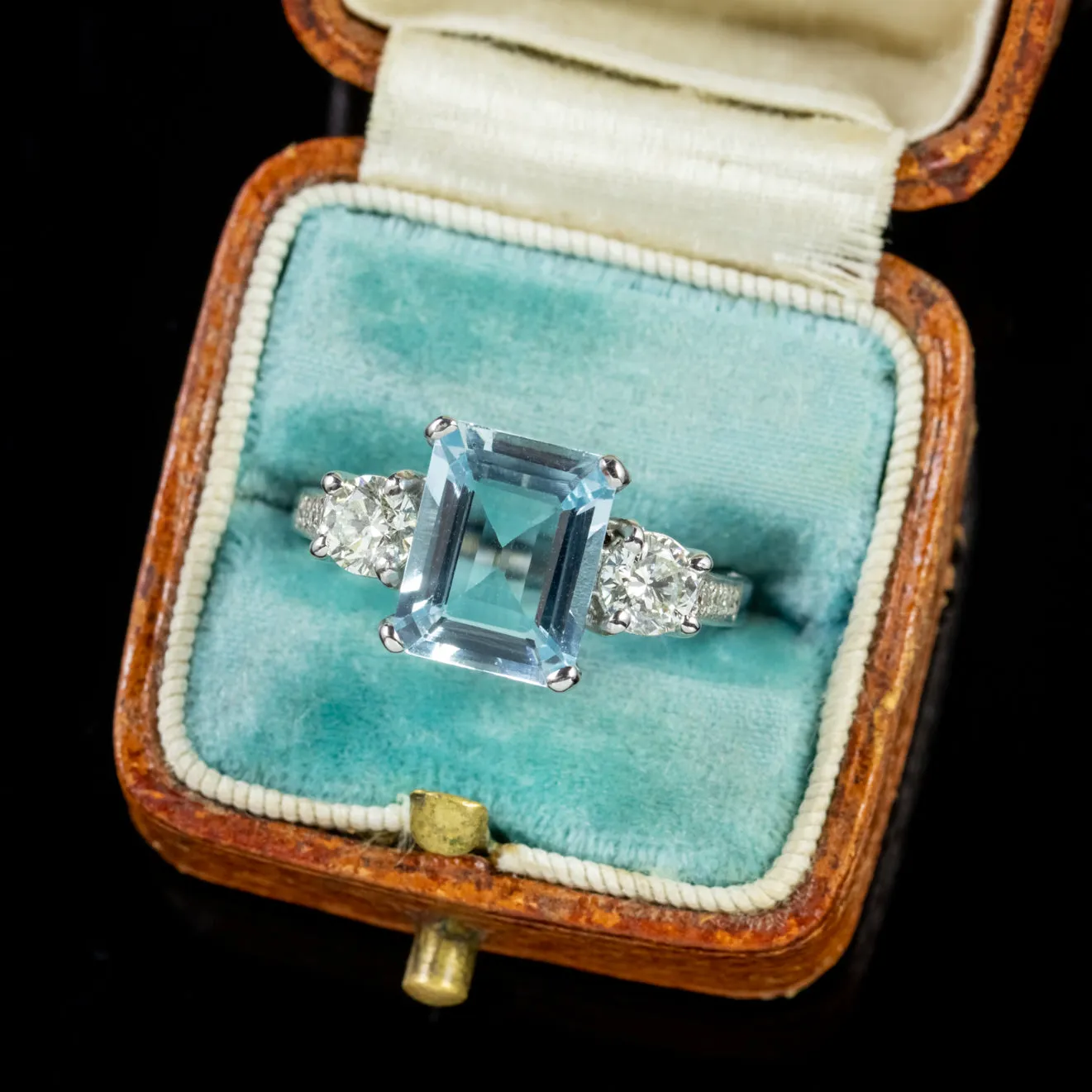 Aquamarine Diamond Trilogy Ring Platinum 3.80Ct Aqua