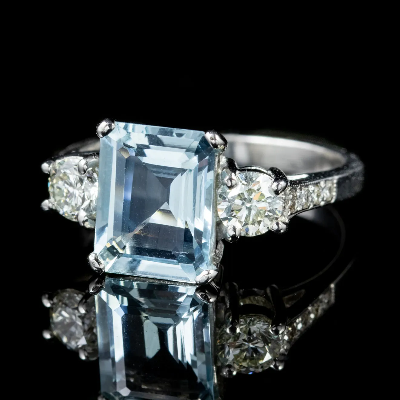 Aquamarine Diamond Trilogy Ring Platinum 3.80Ct Aqua