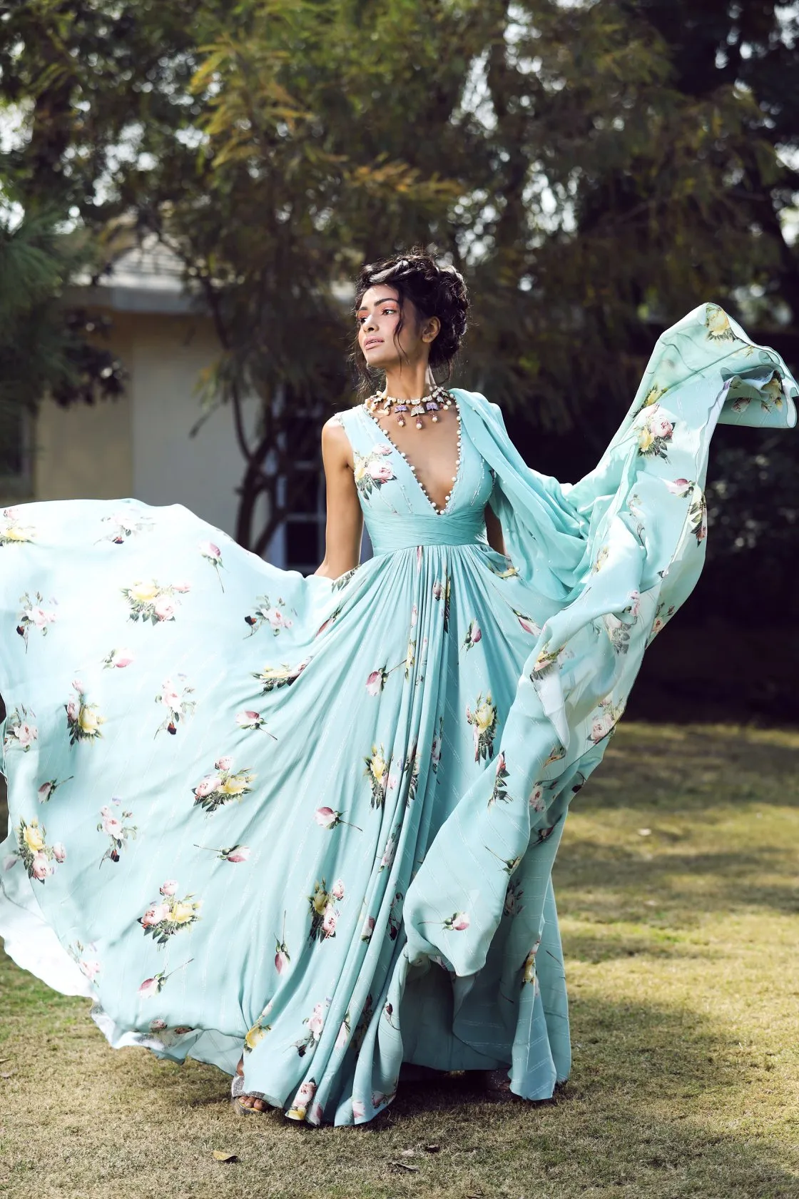 Aquamarine neck peral finished printed anarkali set