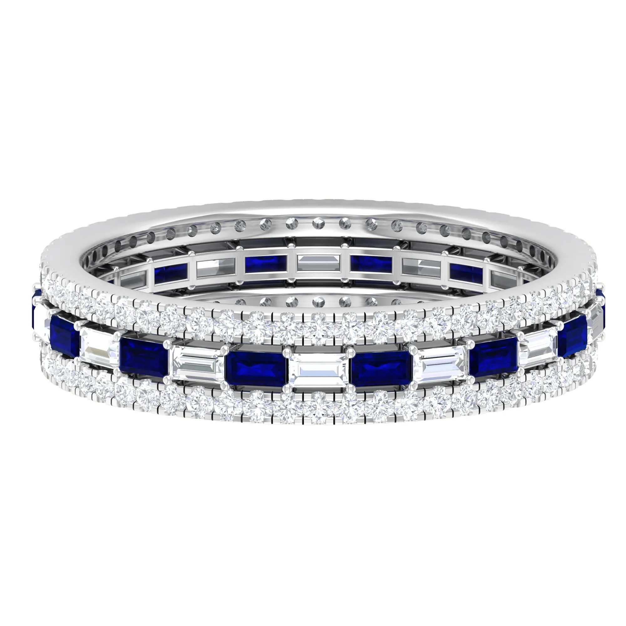 Baguette Cut Lab Grown Blue Sapphire and Moissanite Wedding Band