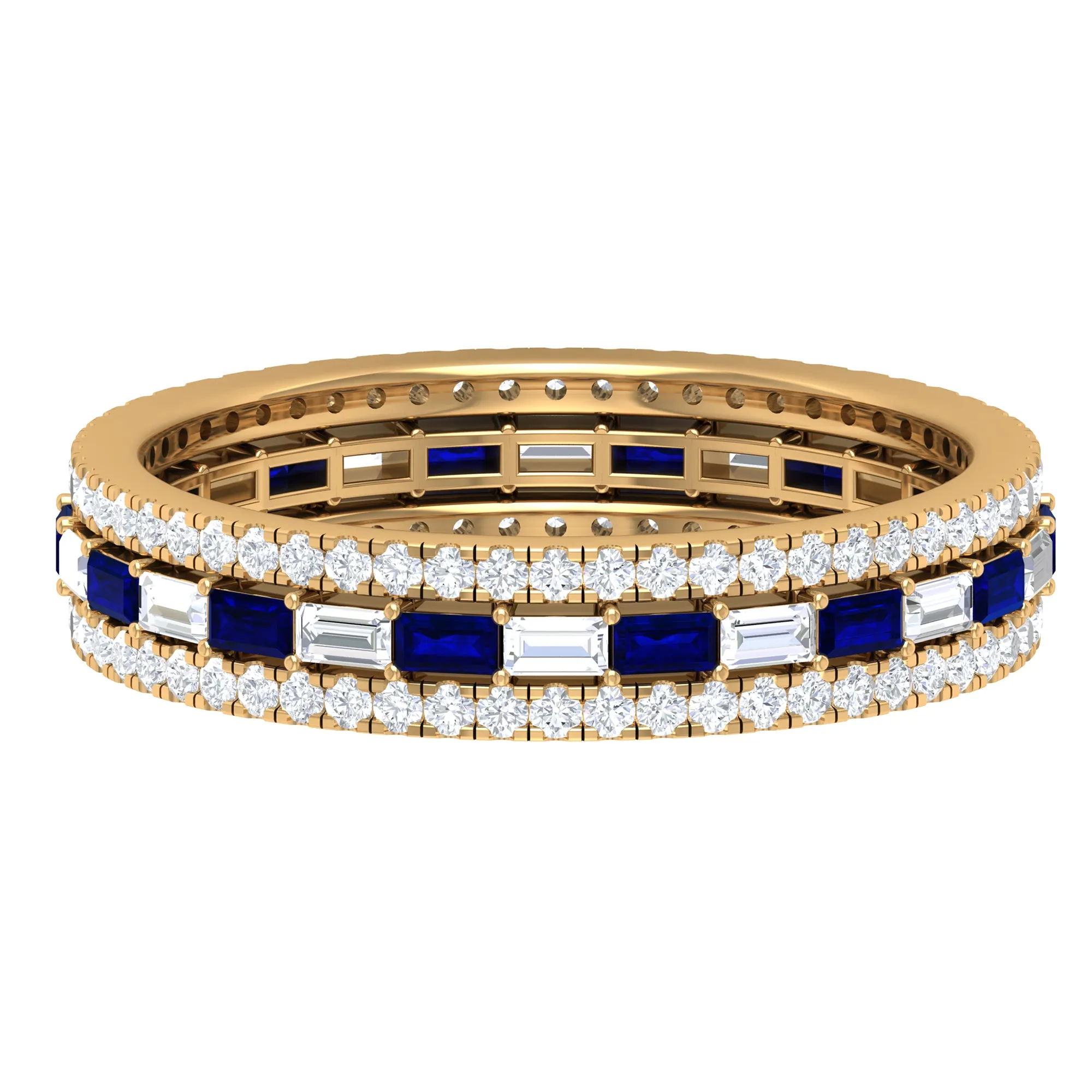 Baguette Cut Lab Grown Blue Sapphire and Moissanite Wedding Band