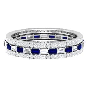 Baguette Cut Lab Grown Blue Sapphire and Moissanite Wedding Band