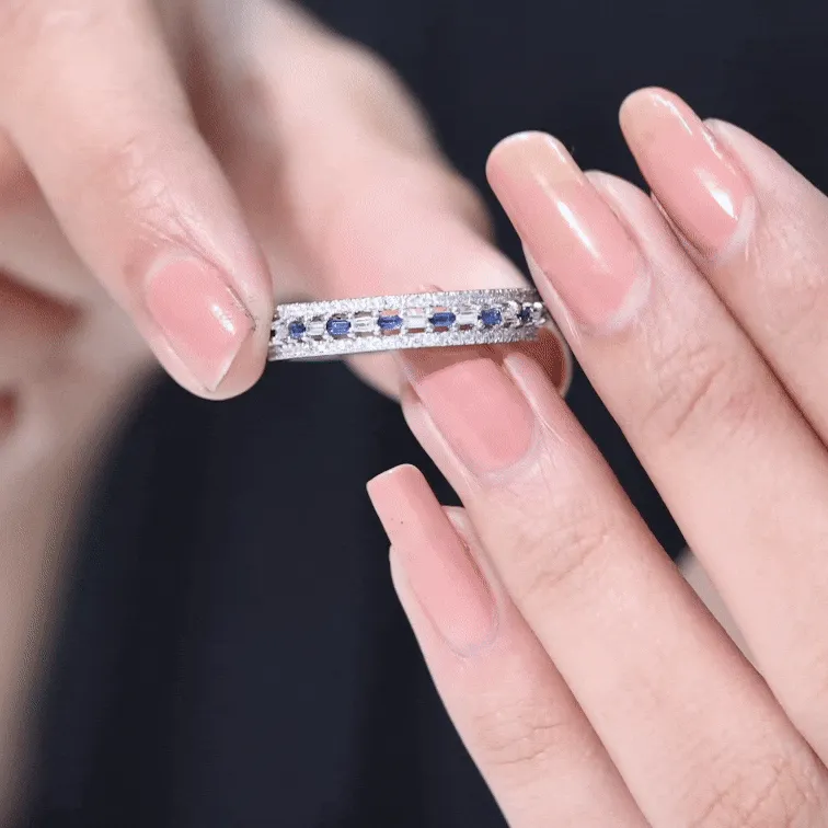 Baguette Cut Lab Grown Blue Sapphire and Moissanite Wedding Band