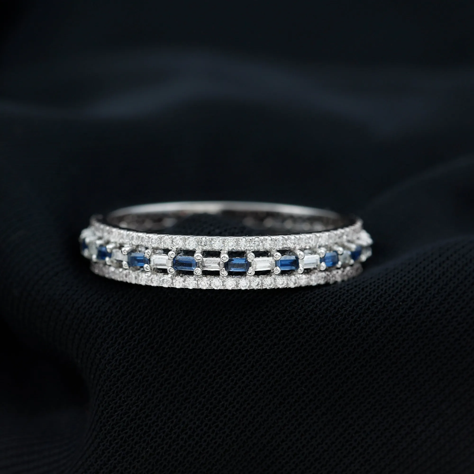 Baguette Cut Lab Grown Blue Sapphire and Moissanite Wedding Band