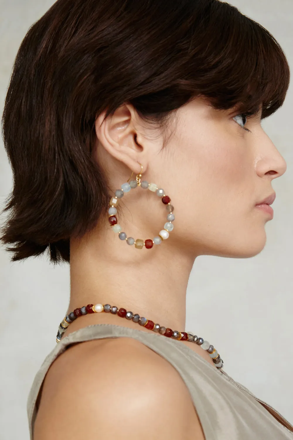 Beaded Stone Hoop Earrings