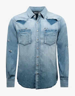 Blue Destroyed Denim Western Shirt