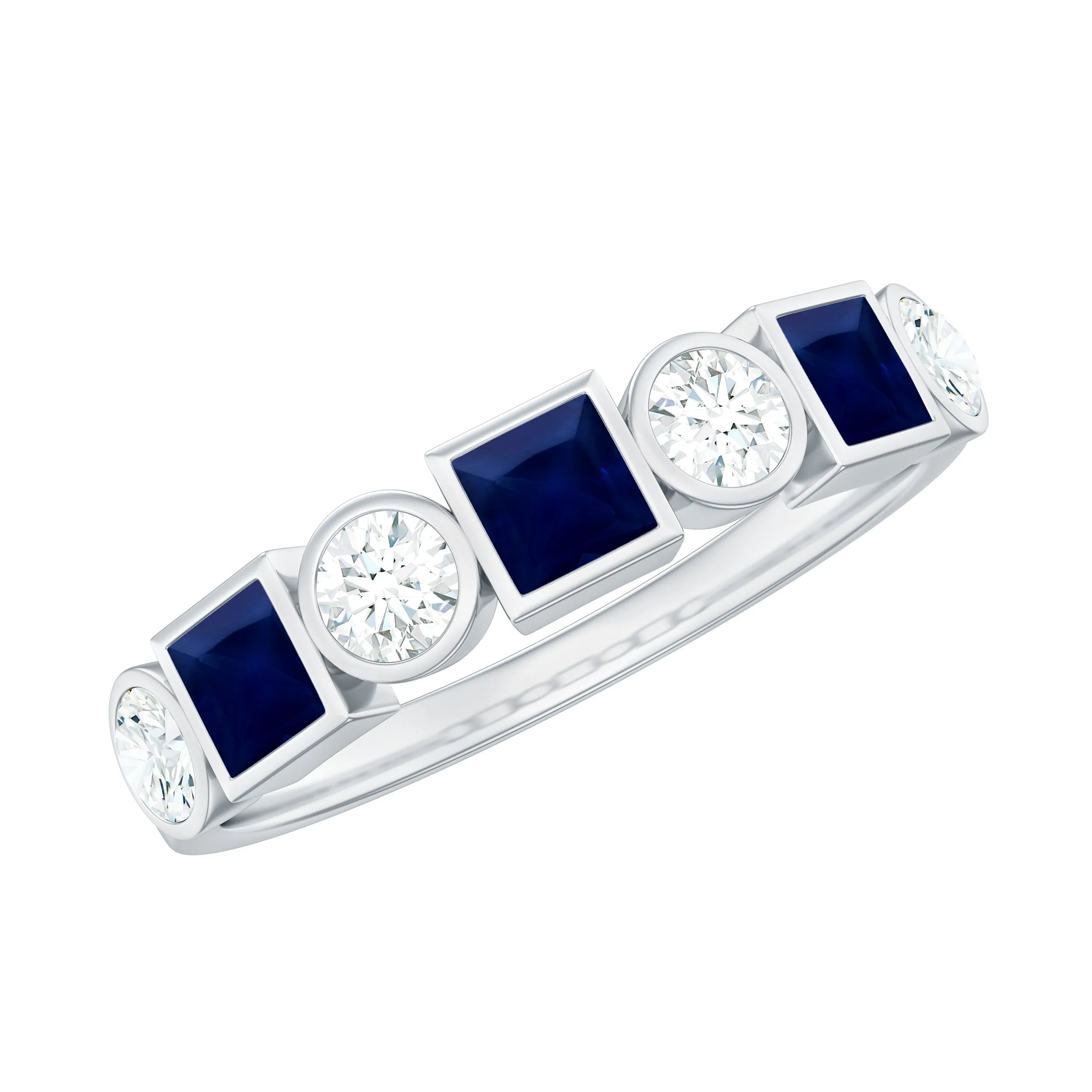 Blue Sapphire and Diamond Half Eternity Ring in Bezel Setting