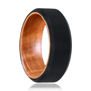 BOWMAN | Whiskey Barrel Wood, Black Tungsten Ring, Brushed, Beveled