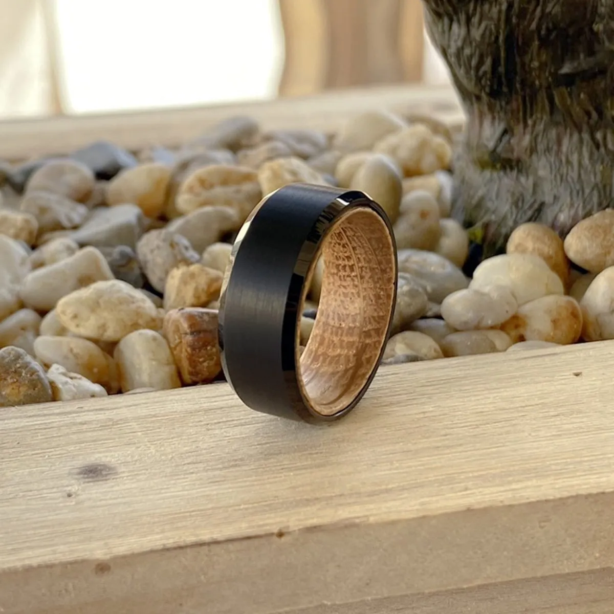 BOWMAN | Whiskey Barrel Wood, Black Tungsten Ring, Brushed, Beveled