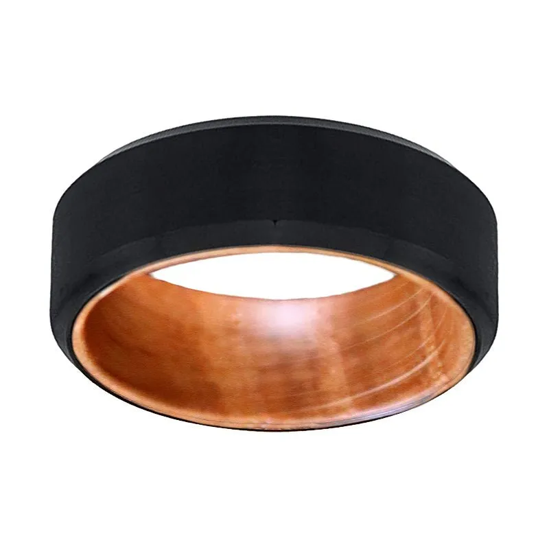 BOWMAN | Whiskey Barrel Wood, Black Tungsten Ring, Brushed, Beveled