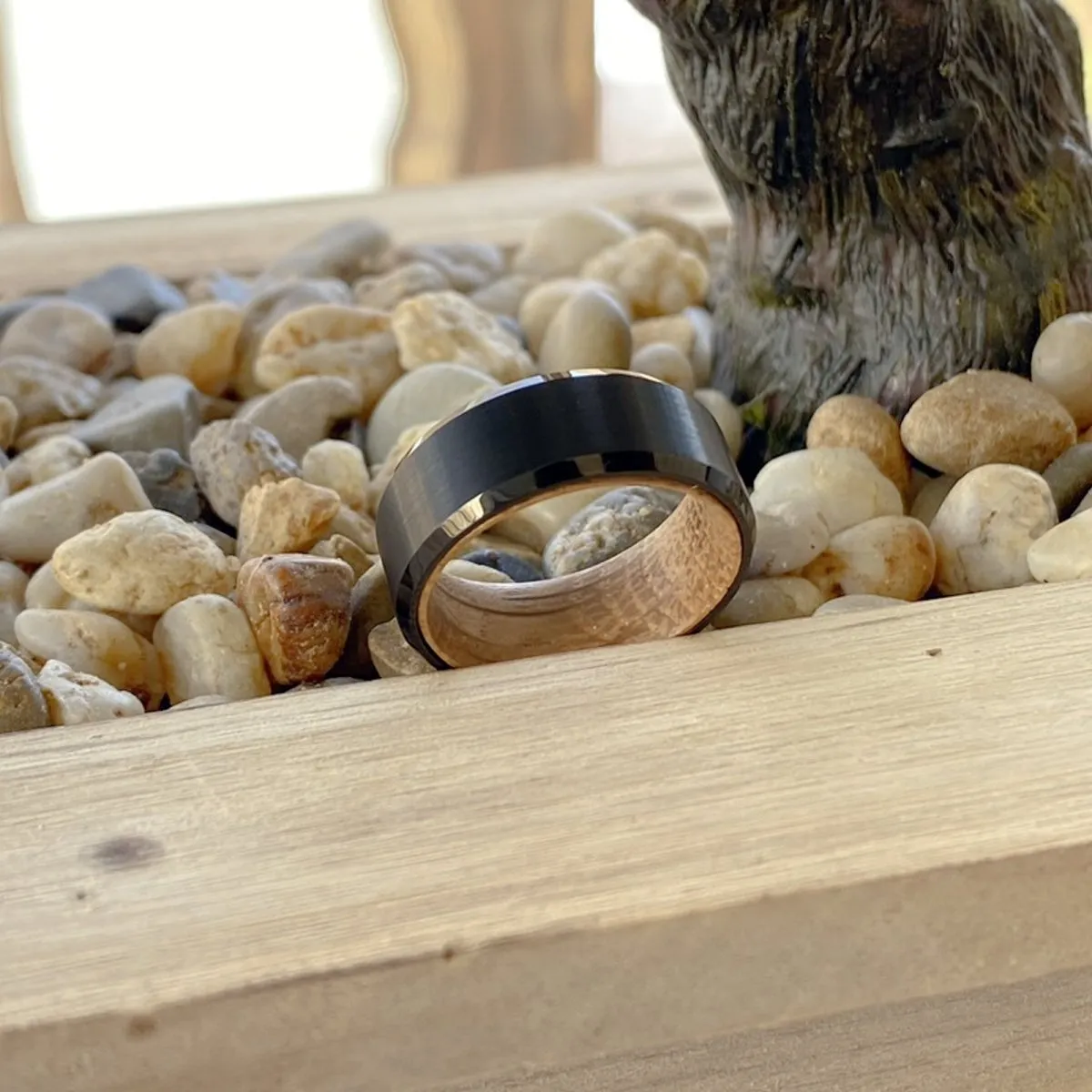 BOWMAN | Whiskey Barrel Wood, Black Tungsten Ring, Brushed, Beveled