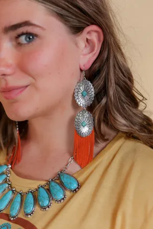 BUCK OFF COWBOY DOUBLE TURQUOISE CONCHO ORANGE FRINGE EARRINGS