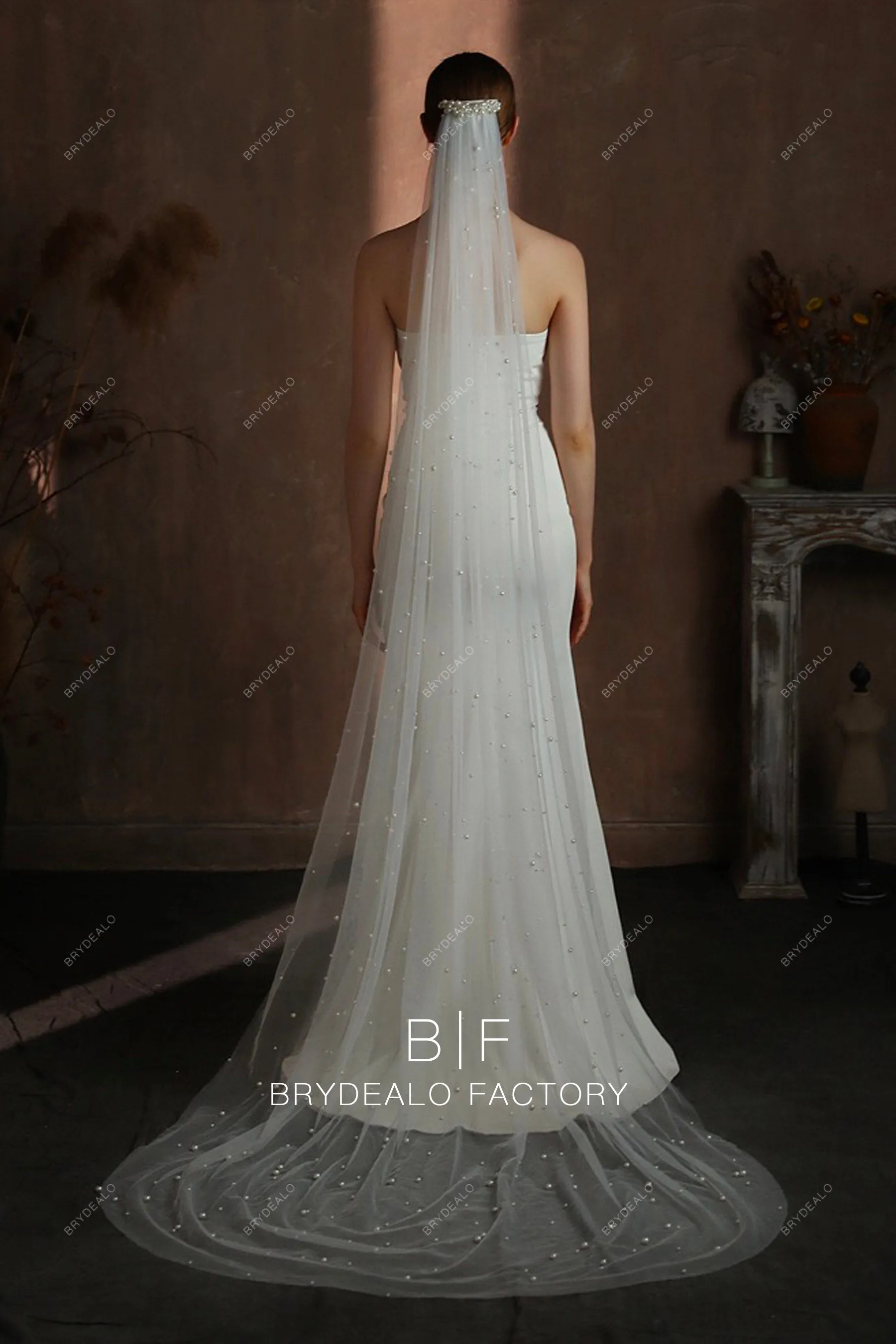 Chapel Length Single-tier Pearl Wedding Veil